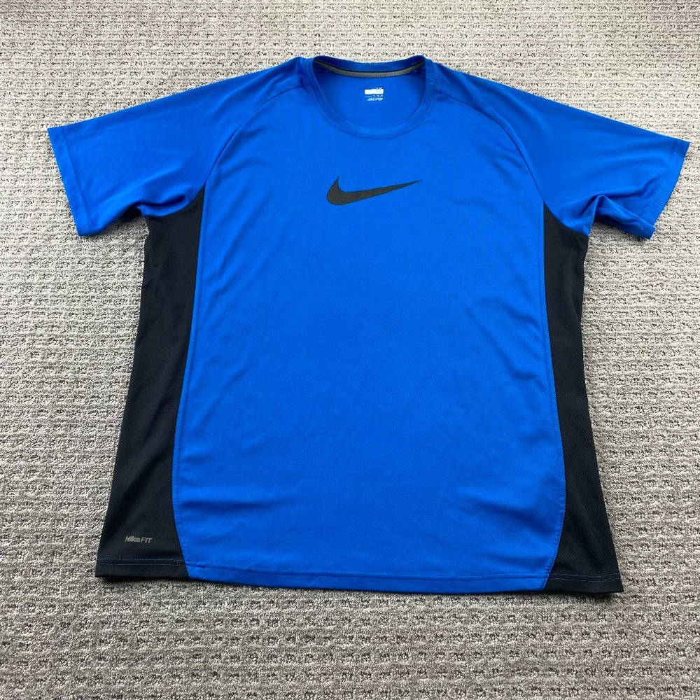 Nike Fit-Dry Running Shirt Men Extra Large XL Blue Center Swoosh Logo Running